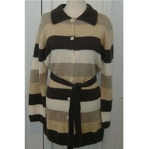 Mohair Blend Long Cardigan Belted Sweater Stripe women's M